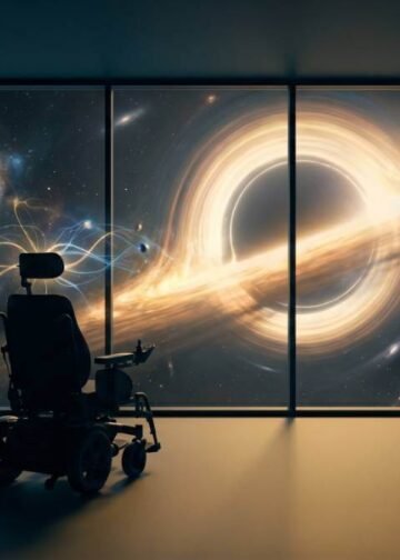 Banner do livro Uma Breve História do Tempo, mostrando uma cadeira de rodas vazia de frente para uma janela que se abre para um buraco negro no espaço.