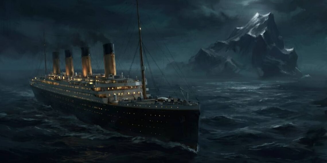 Pintura a óleo digital do RMS Titanic navegando à noite com um grande iceberg ao fundo, ilustrando as teorias da conspiração do titanic.