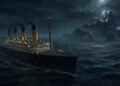 Pintura a óleo digital do RMS Titanic navegando à noite com um grande iceberg ao fundo, ilustrando as teorias da conspiração do titanic.