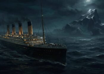 Pintura a óleo digital do RMS Titanic navegando à noite com um grande iceberg ao fundo, ilustrando as teorias da conspiração do titanic.