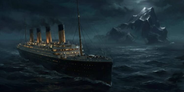 Pintura a óleo digital do RMS Titanic navegando à noite com um grande iceberg ao fundo, ilustrando as teorias da conspiração do titanic.