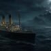 Pintura a óleo digital do RMS Titanic navegando à noite com um grande iceberg ao fundo, ilustrando as teorias da conspiração do titanic.