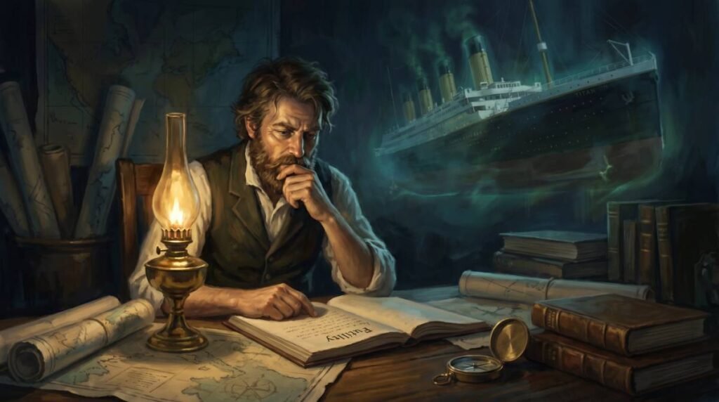 Pintura do escritor Morgan Robertson em sua escrivaninha com uma visão fantasmagórica do navio Titan afundando, uma das principais teorias da conspiração do titanic.