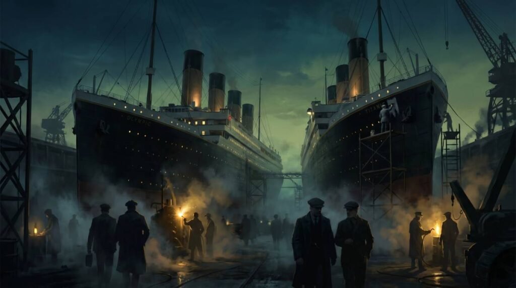 Pintura de dois navios idênticos, Titanic e Olympic, sendo secretamente alterados em um estaleiro à noite