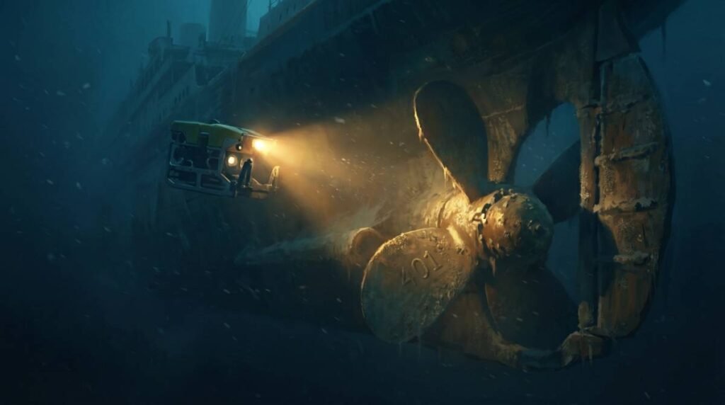 Imagem subaquática do ROV iluminando o número de série 401 na hélice do Titanic naufragado