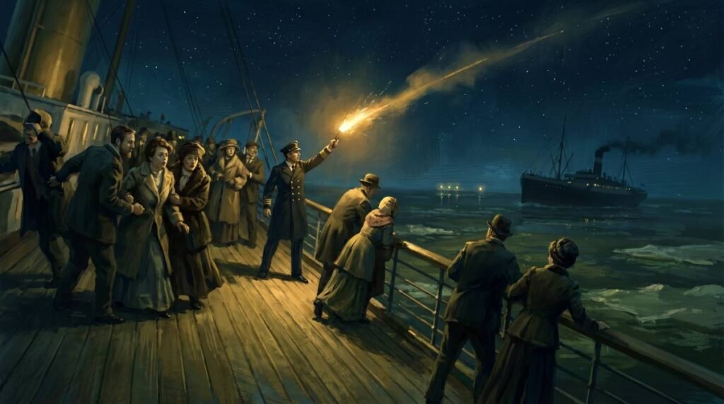 Vista do Titanic afundando com o navio SS Californian visível à distância ignorando os foguetes de socorro