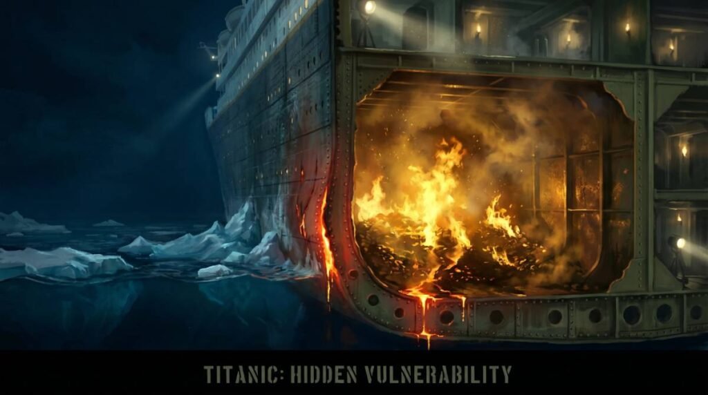 Corte transversal do casco do Titanic mostrando um incêndio no depósito de carvão enfraquecendo o aço