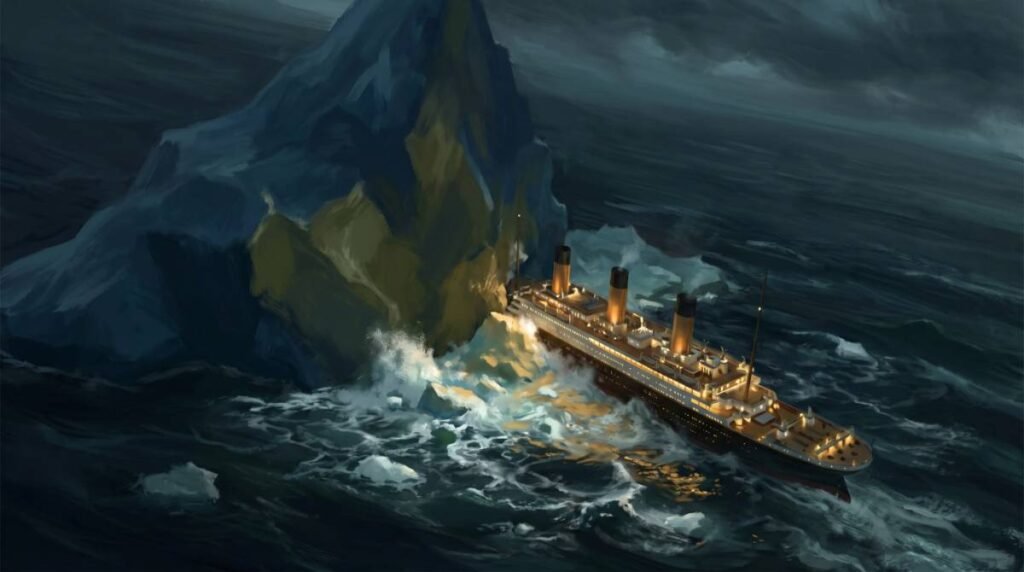 Vista aérea do Titanic raspando sua lateral contra o iceberg mostrando a manobra de desvio que falhou