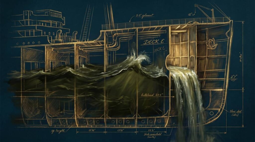 Diagrama técnico mostrando a água transbordando por cima das divisórias estanques do Titanic