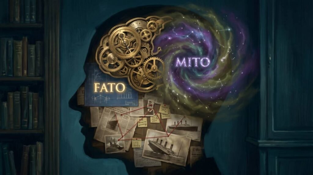 Imagem simbólica da mente humana dividida entre fatos (engrenagens) e mitos (nebulosa) sobre o Titanic
