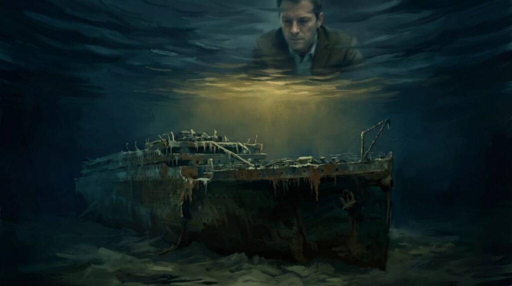 Imagem dos destroços do Titanic no fundo do mar com a superfície da água refletindo um rosto moderno