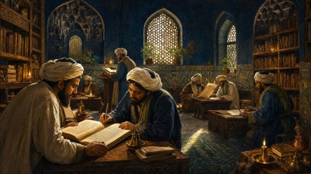 Estudiosos árabes traduzindo manuscritos gregos em Bagdá durante o Movimento de Tradução.
