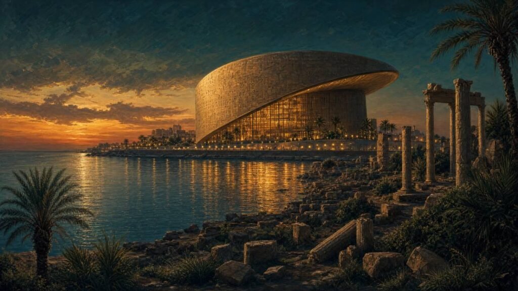 A moderna Bibliotheca Alexandrina ao entardecer refletida no mar Mediterrâneo.