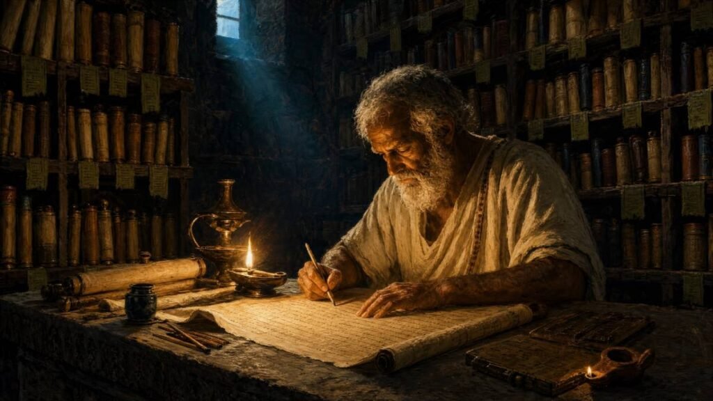 Estudioso grego catalogando rolos de papiro no primeiro sistema de catalogação da história.