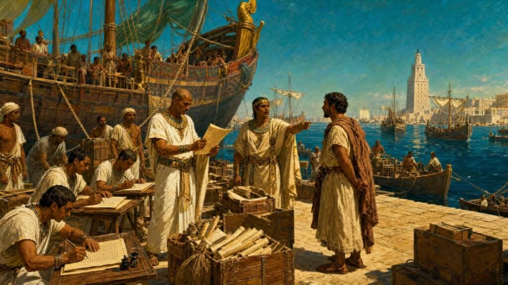Oficiais ptolemaicos inspecionando e copiando rolos de papiro no porto de Alexandria 