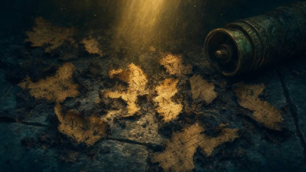Fragmentos carbonizados de rolos de papiro com inscrições gregas parcialmente visíveis.