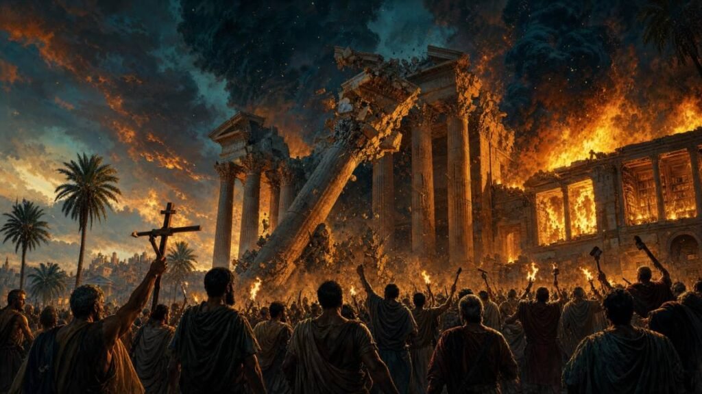 Destruição do Templo de Serápis e da biblioteca filha de Alexandria em 391 depois de Cristo.