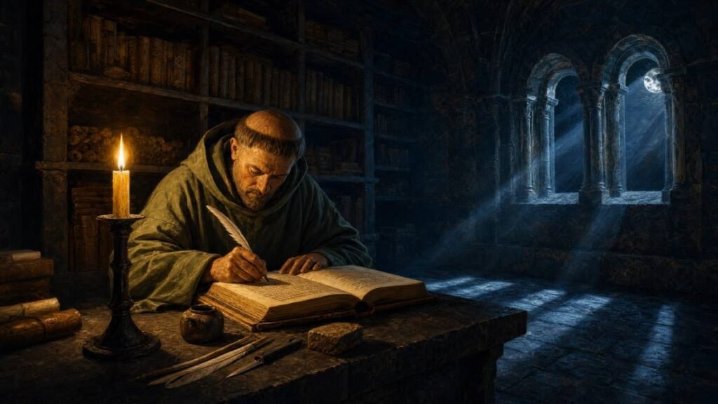 Monge católico medieval copiando manuscritos gregos em scriptorium iluminado por velas.
