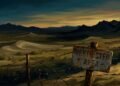 Pintura digital de uma placa de área restrita no deserto de Nevada ao entardecer.