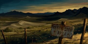 Pintura digital de uma placa de área restrita no deserto de Nevada ao entardecer.