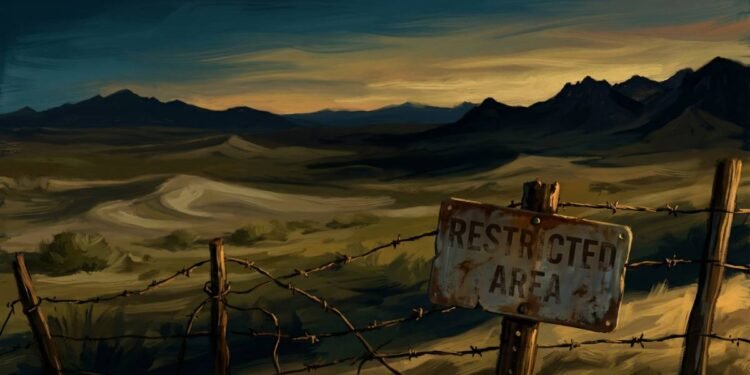 Pintura digital de uma placa de área restrita no deserto de Nevada ao entardecer.