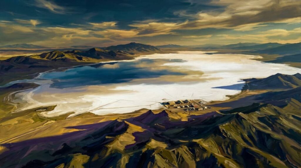 Visão aérea pintada do lago seco Groom Lake e instalações militares no deserto de Nevada, revelando os segredos da área 51