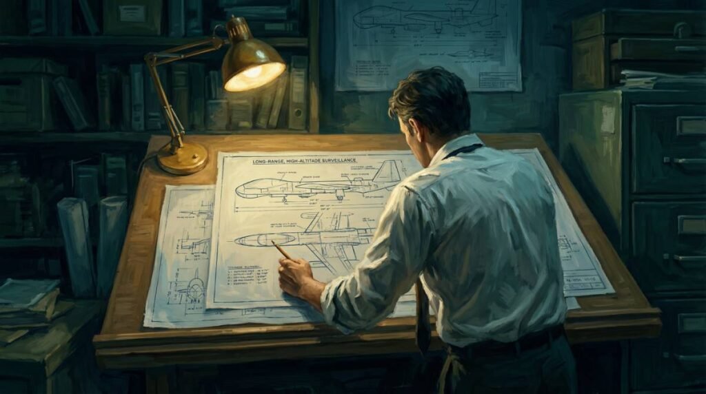 Ilustração de um engenheiro da Guerra Fria debruçado sobre plantas de um avião-espião.