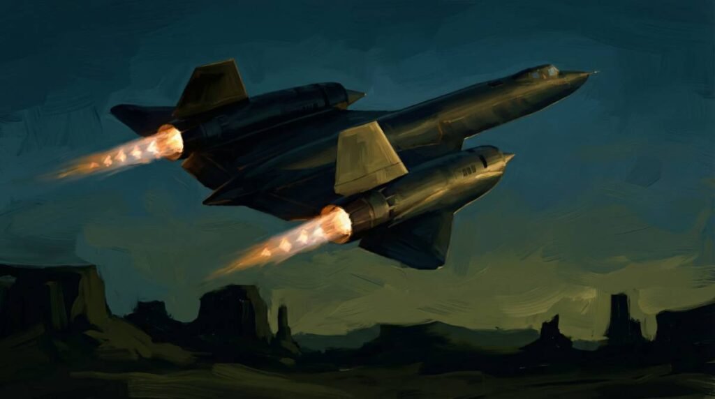 Pintura digital de um avião supersônico negro voando no céu noturno com pós-combustor acionado.