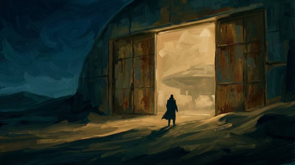 Ilustração de uma silhueta humana diante de um hangar iluminado no deserto à noite.