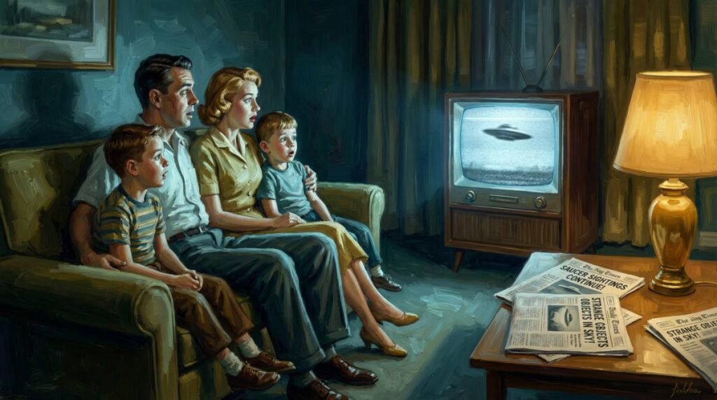 Pintura de uma família dos anos 50 assistindo a uma notícia sobre discos voadores na TV.