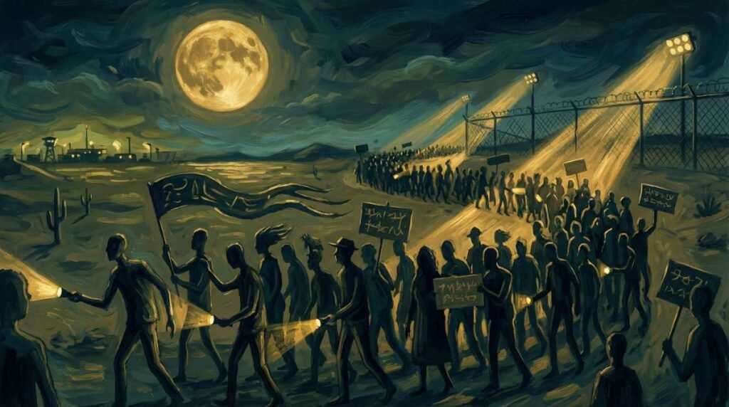 Ilustração de uma multidão marchando à noite no deserto em direção a uma cerca iluminada.