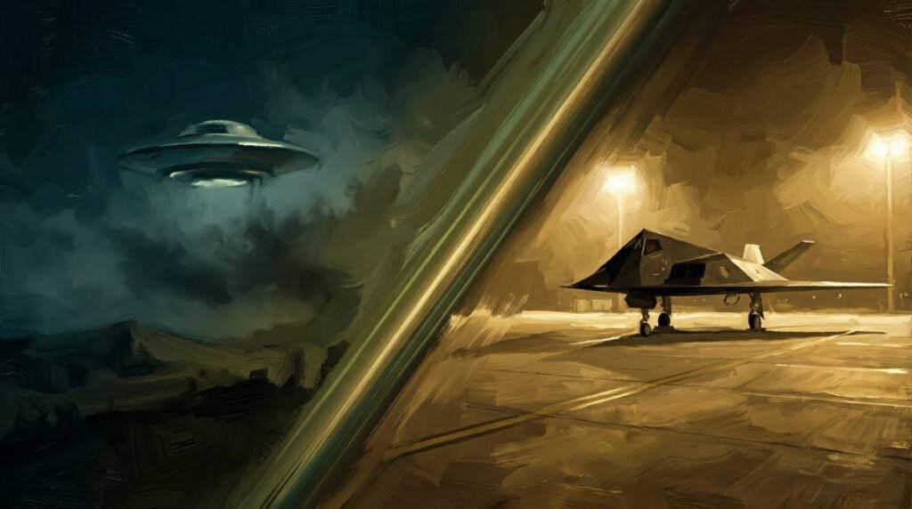 Composição dividida mostrando um disco voador sombrio de um lado e um avião stealth iluminado do outro.