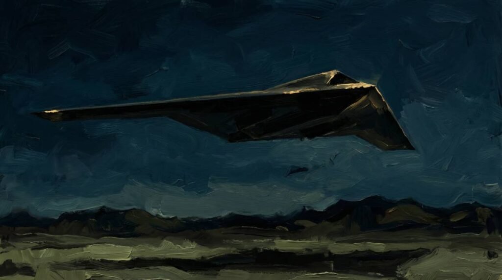 Pintura digital de um drone stealth negro em forma de asa voando à noite.