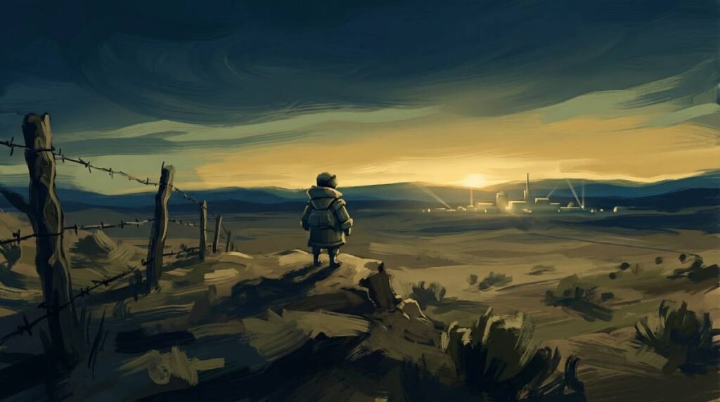 Ilustração de uma pessoa solitária olhando para uma base militar distante no deserto ao amanhecer.