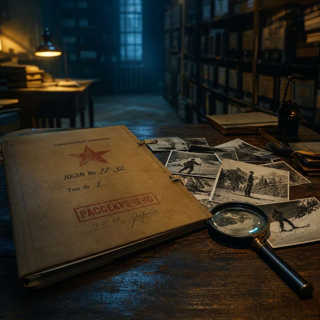 Card de recomendação do livro Dead Mountain em inglês, ilustrado com uma pasta de arquivo secreto soviético, fotos antigas de esquiadores e uma lupa sobre uma mesa de madeira em uma sala de arquivos escura.