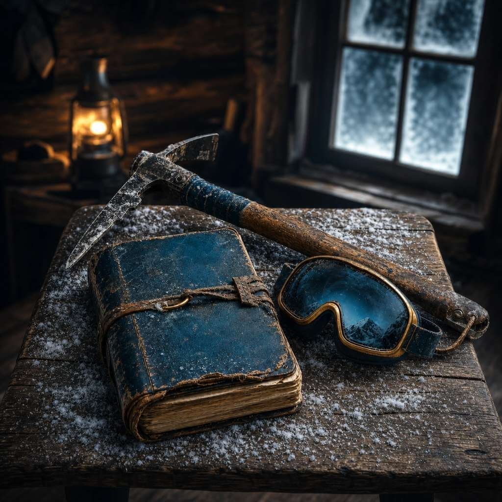 Card de recomendação do livro No Ar Rarefeito de Jon Krakauer, com ilustração cinematográfica de um diário de montanhismo, piolet e óculos de neve sobre uma mesa de madeira escura.
