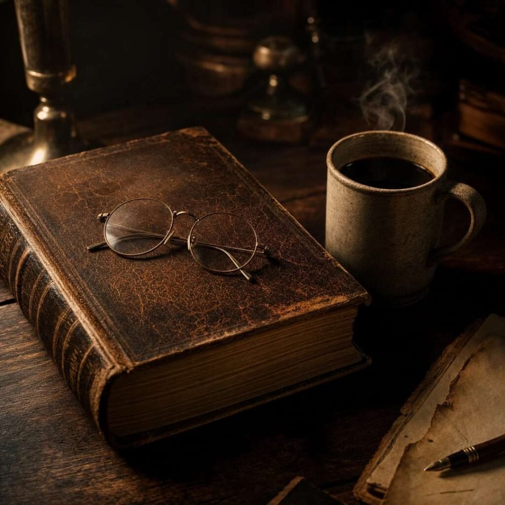 Experimento Filadélfia. Livro O Homem Invisível de H G Wells sobre uma mesa de madeira escura com óculos e café.