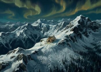 Ilustração artística de uma barraca rasgada e abandonada na neve durante a noite nos Montes Urais, com pegadas descendo a montanha.