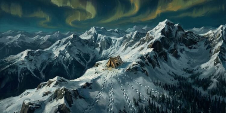 Ilustração artística de uma barraca rasgada e abandonada na neve durante a noite nos Montes Urais, com pegadas descendo a montanha.