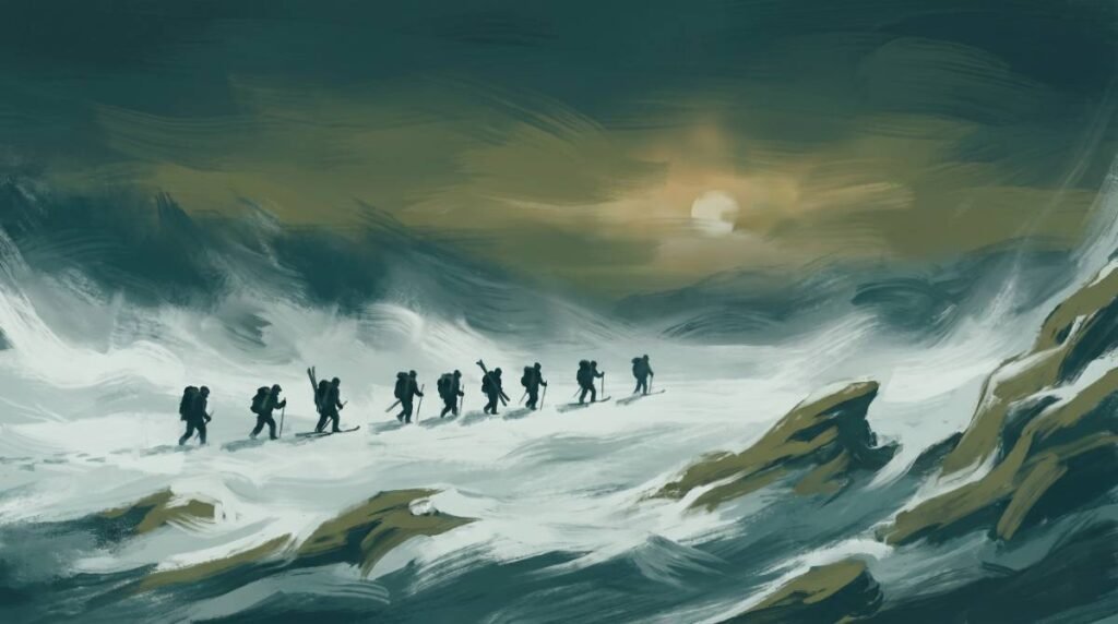 Incidente do Passo Dyatlov: Ilustração de um grupo de nove esquiadores com mochilas caminhando em fila indiana durante uma tempestade de neve nos Montes Urais.