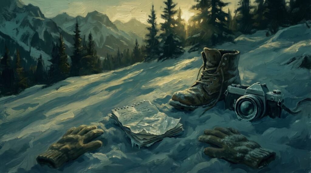 Ilustração de objetos abandonados na neve ao amanhecer, incluindo uma bota, uma câmera e um diário congelado.