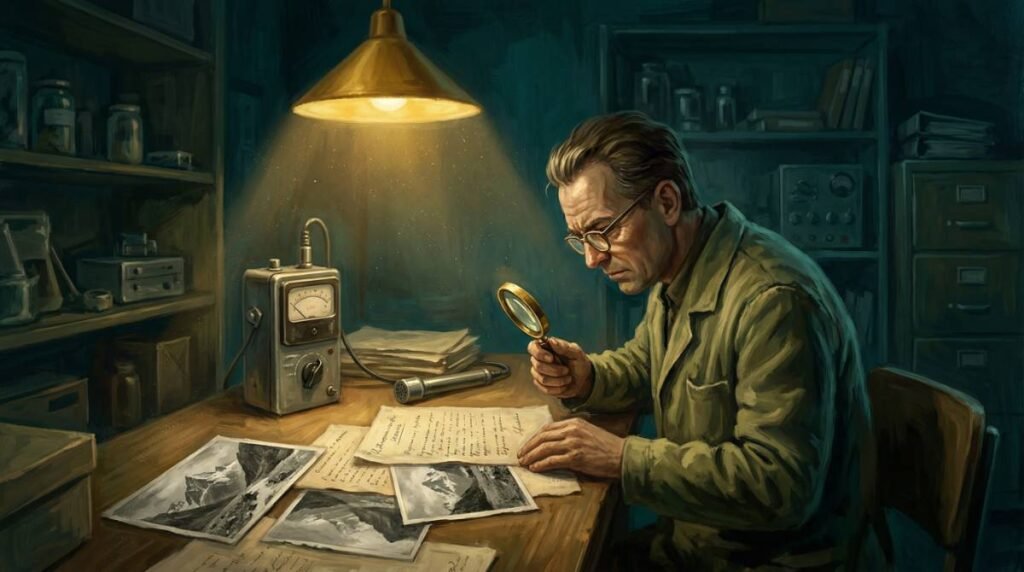 Ilustração de um investigador soviético dos anos 50 examinando documentos e fotos em um laboratório mal iluminado.
