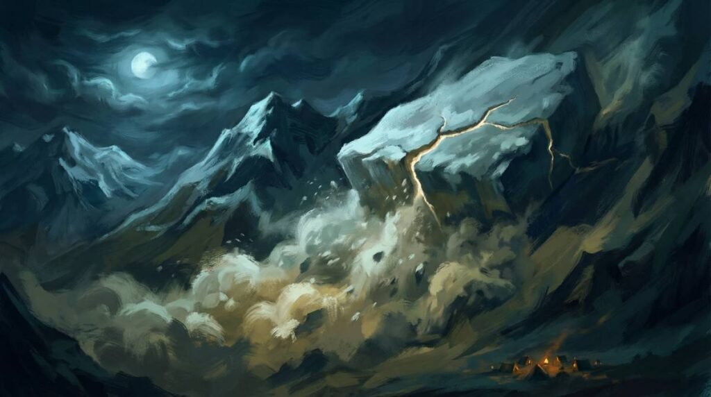 Ilustração científica de um bloco de neve densa se desprendendo de uma encosta de montanha à noite.