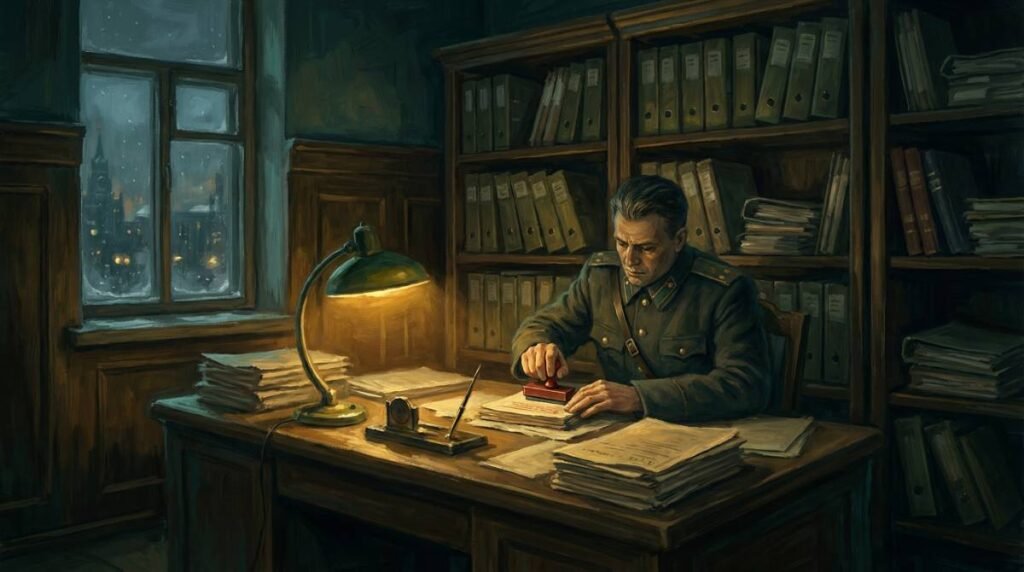 Ilustração de um oficial soviético carimbando documentos secretos em um escritório escuro com vista para Moscou.