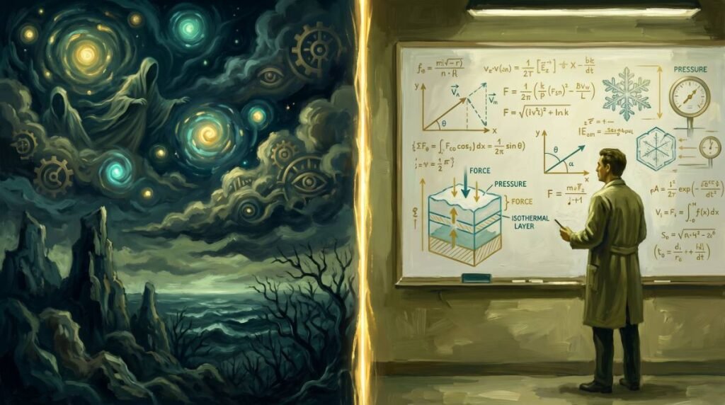 Ilustração conceitual dividida ao meio: um lado escuro com símbolos sobrenaturais e outro claro com diagramas científicos de neve.