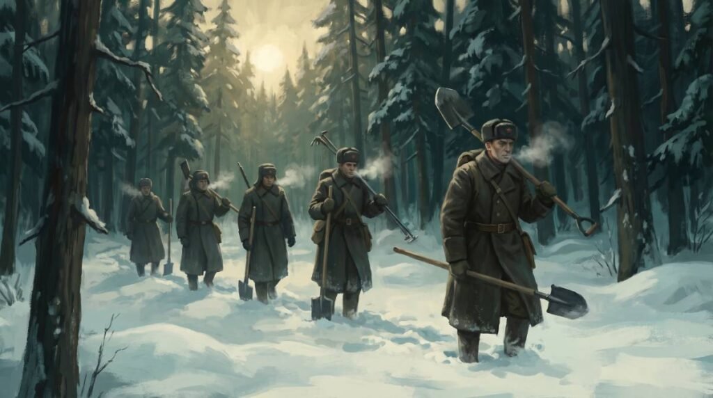 Ilustração de homens com roupas de inverno soviéticas caminhando com pás por uma densa floresta nevada.