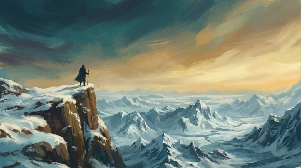 Ilustração de uma figura solitária no topo de um penhasco olhando para uma vasta cordilheira nevada ao amanhecer.