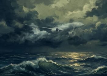 Pintura digital de um avião comercial voando sobre o oceano à noite, ilustrando as investigações sobre o que aconteceu com o voo mh370.