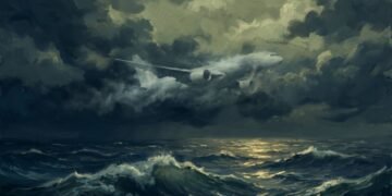 Pintura digital de um avião comercial voando sobre o oceano à noite, ilustrando as investigações sobre o que aconteceu com o voo mh370.