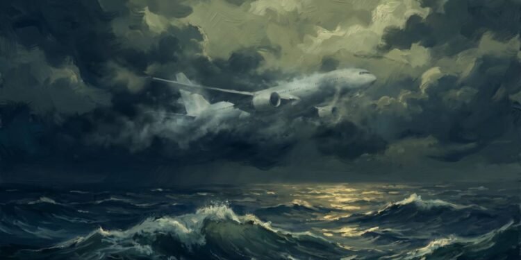 Pintura digital de um avião comercial voando sobre o oceano à noite, ilustrando as investigações sobre o que aconteceu com o voo mh370.